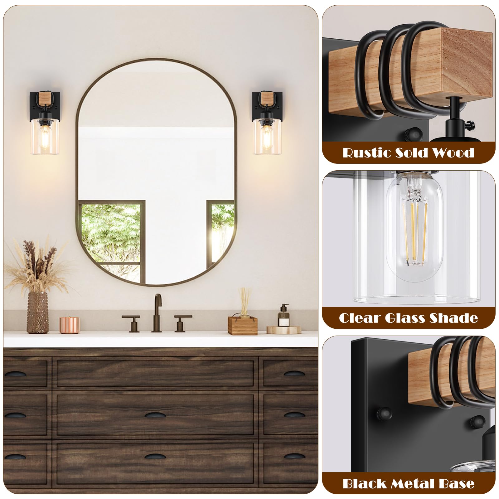 Licperron clear glass shade detail adds brightness while keeping elegant bathroom aesthetics.