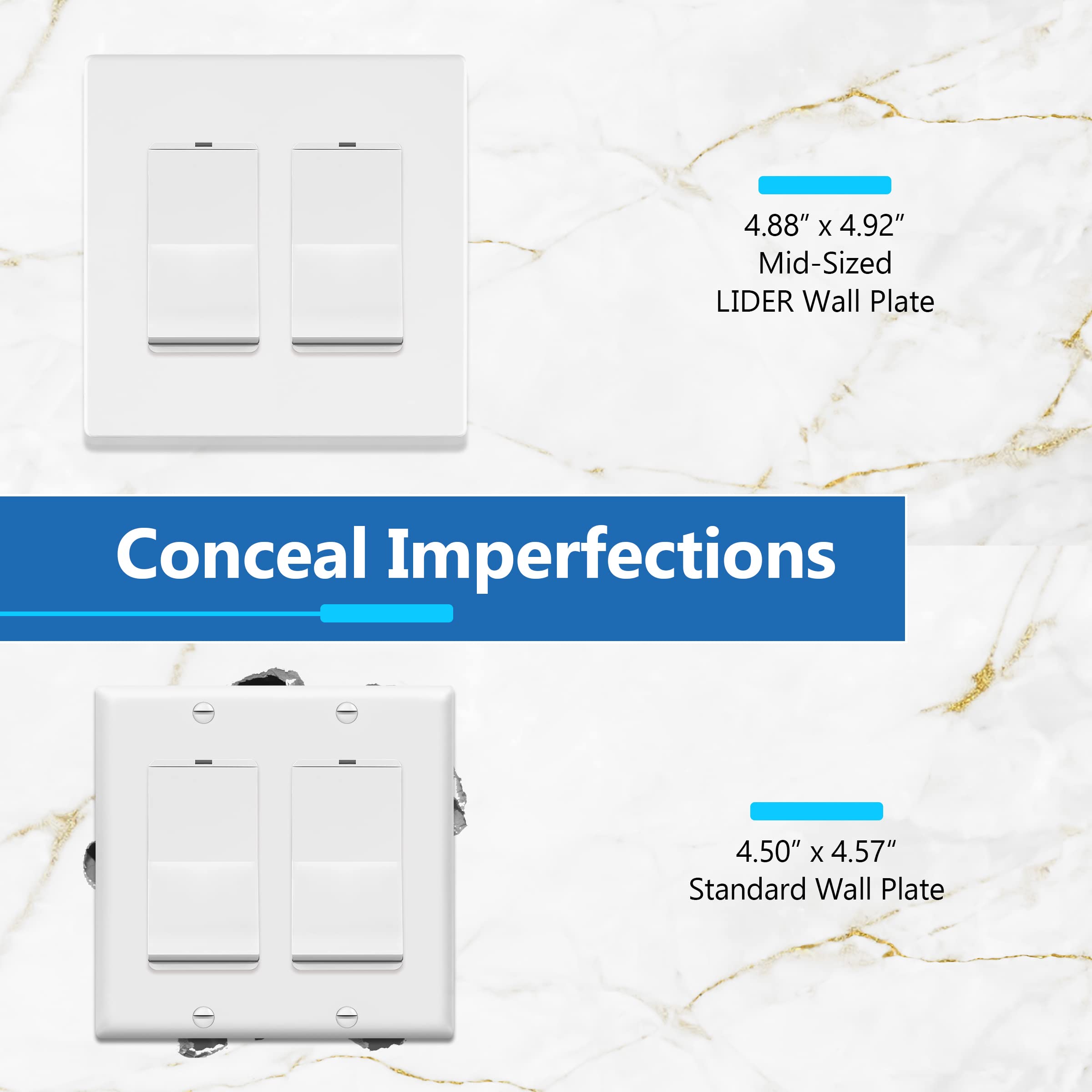 LIDER mid-size 4.88x4.92-inch wall plate covers damaged walls neatly