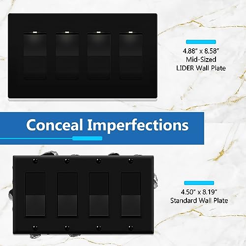 Screwless mid-size 4-gang wall plate in black enhances safety and style