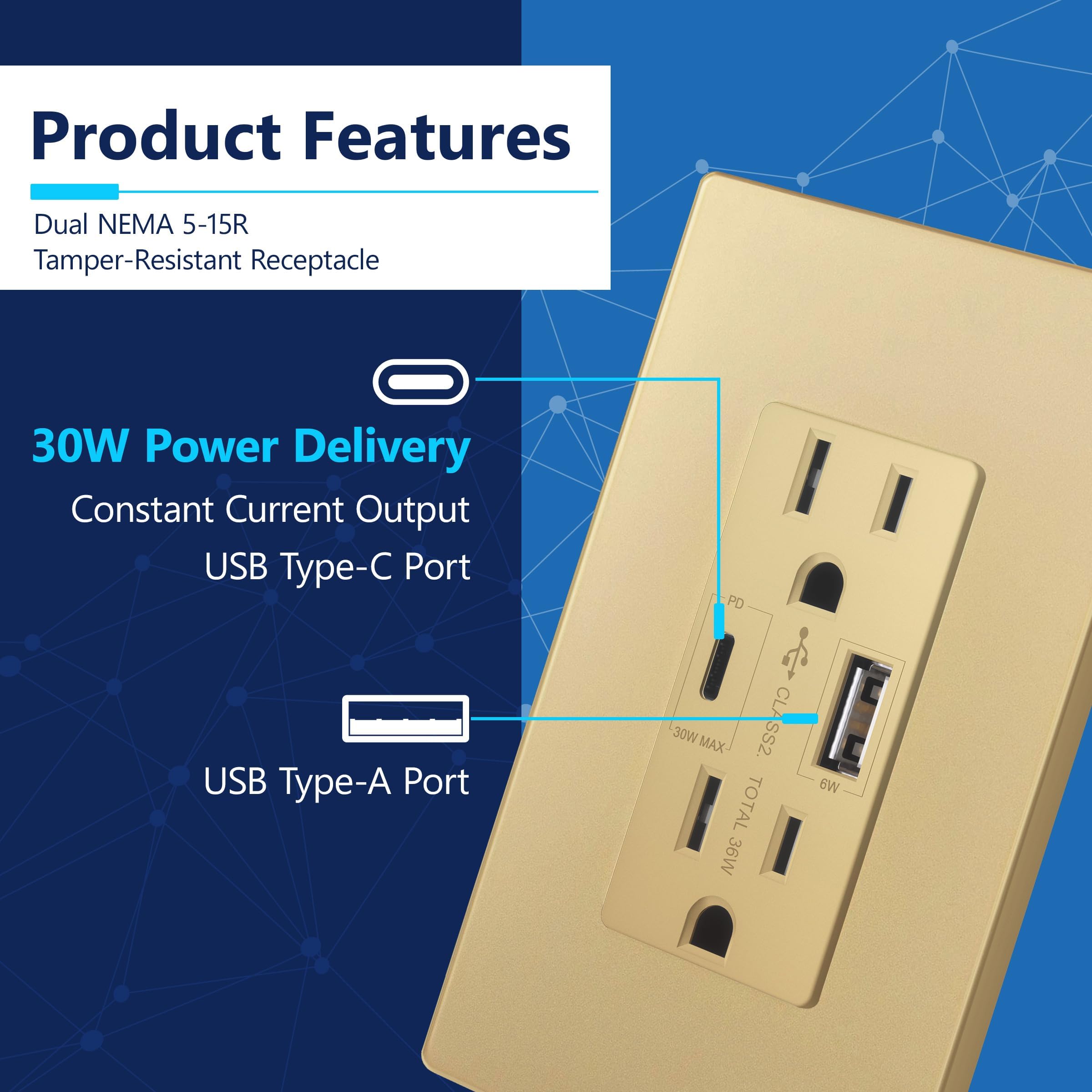 LIDER USB-C 36W wall outlet Type-C PD port up to 30W for fast charging.