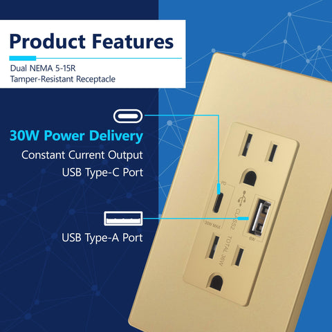 LIDER USB-C 36W wall outlet Type-C PD port up to 30W for fast charging.