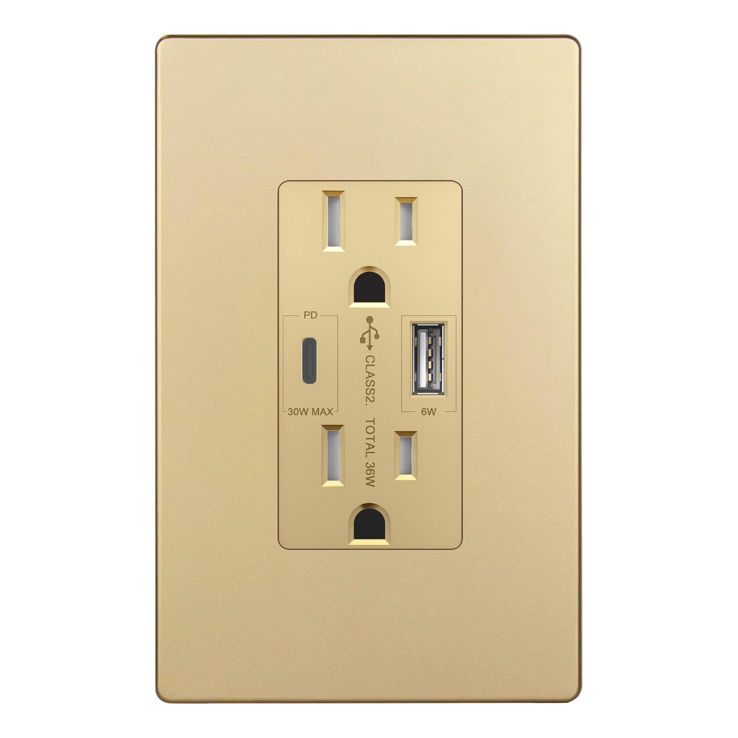 LIDER USB-C 36W wall outlet with gold face cover for a clean look and flexibility.