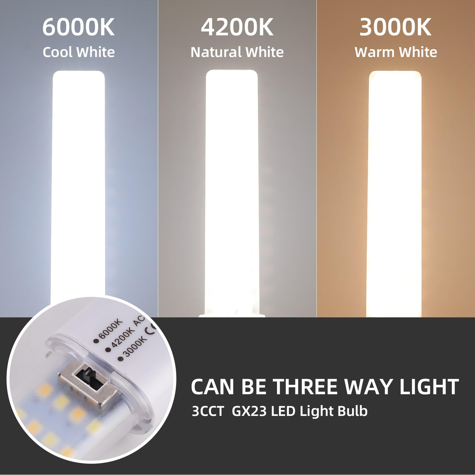 Lidesheng GX23 LED bulb color-temperature selector showing 3000K, 4200K, 6000K options.