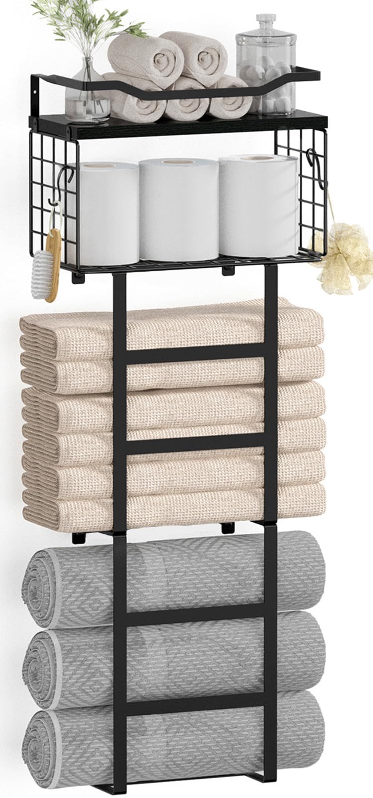 LIDTOP 34in black towel rack mounted on wall with shelves and basket for organized towels