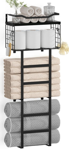 LIDTOP 34in black towel rack mounted on wall with shelves and basket for organized towels