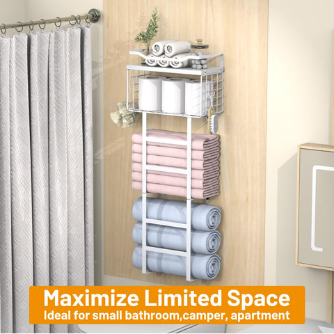 LIDTOP floating basket and shelves provide convenient towel and bathroom supplies.