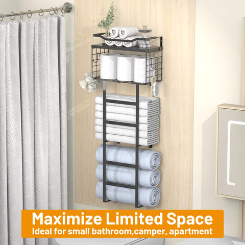 LIDTOP towel rack showing dual shelves and top basket providing extra storage