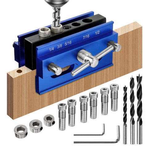 Lieberwell self-centering dowel jig front view showing precise hole alignment.