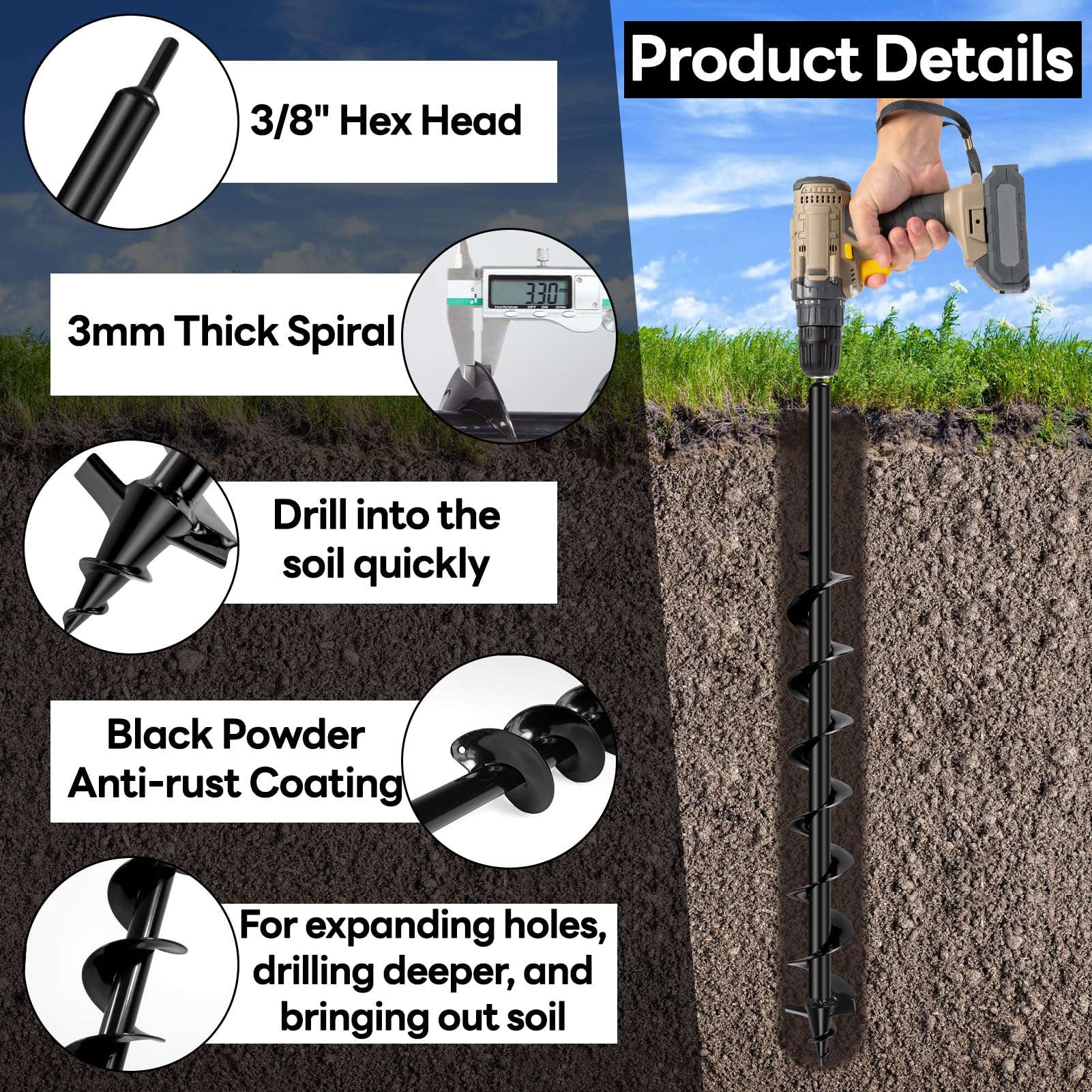 Liedisess extended spiral design eases deep digging with reduced bending.