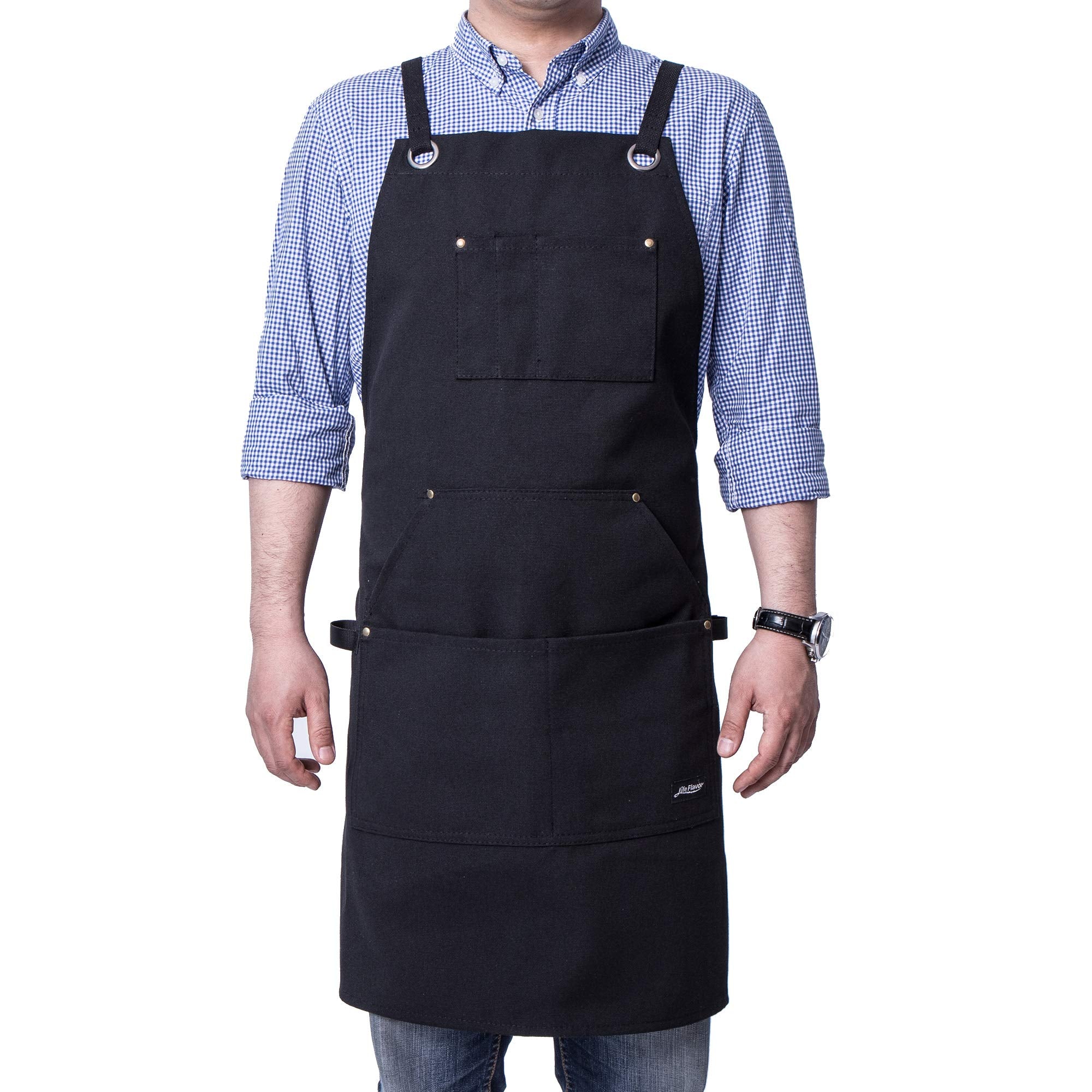 Life Flavor heavy duty canvas apron front view highlighting durable construction and tool-ready pockets.
