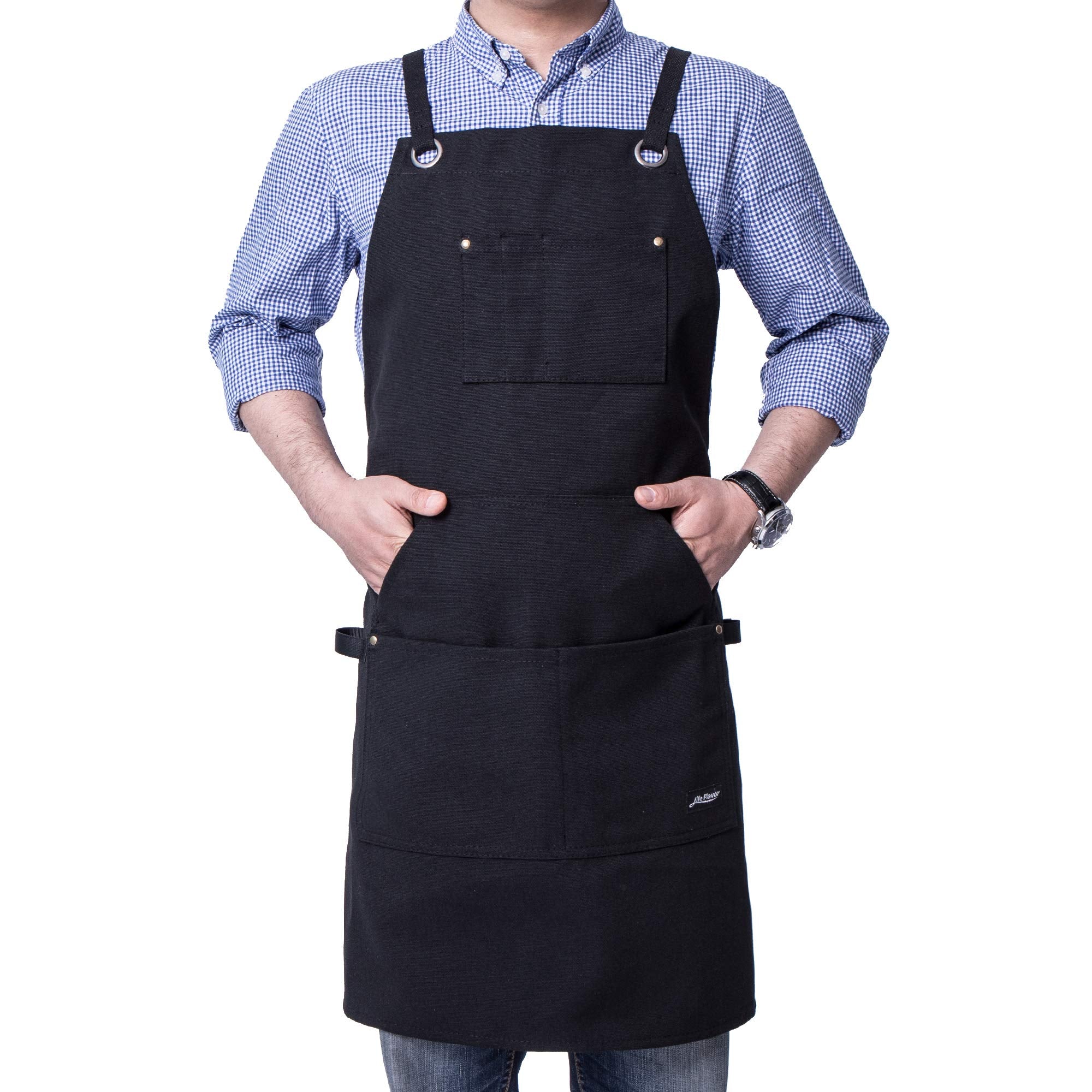 Life Flavor apron pocket closeup shows reinforced rivets and spacious compartments.