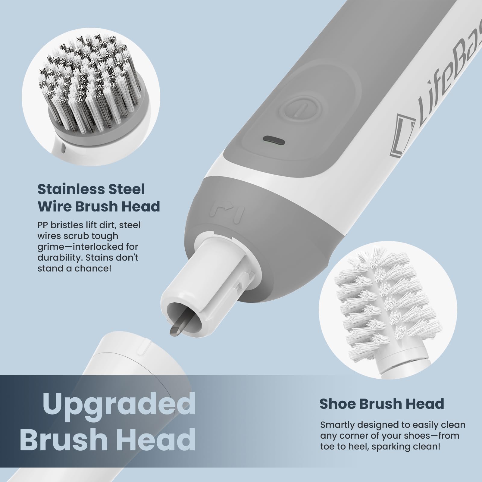 LifeBasis grout brush head in use scrubs grout lines efficiently.