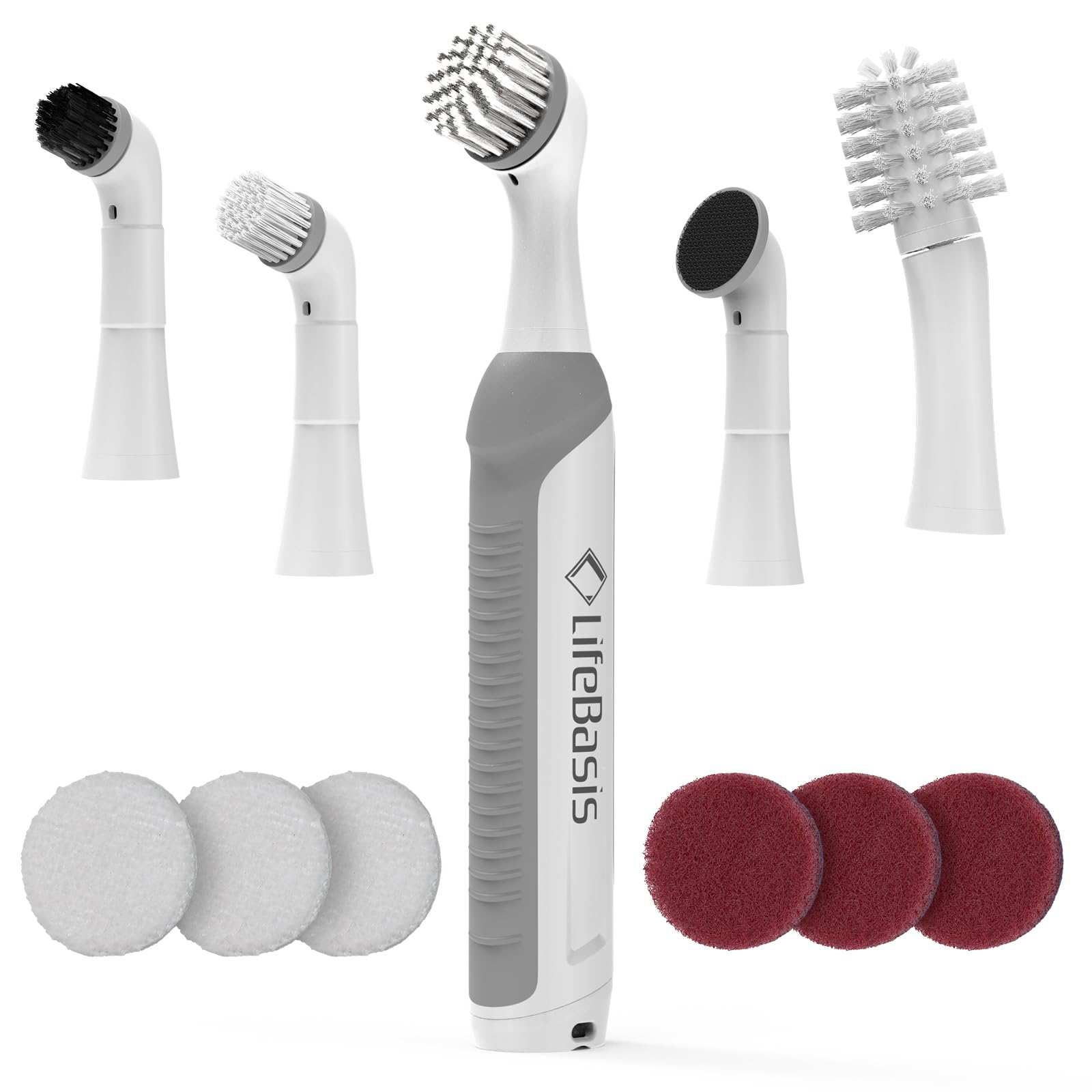 LifeBasis rechargeable power scrubber with multi-head kit for versatile cleaning on tiles and grout.
