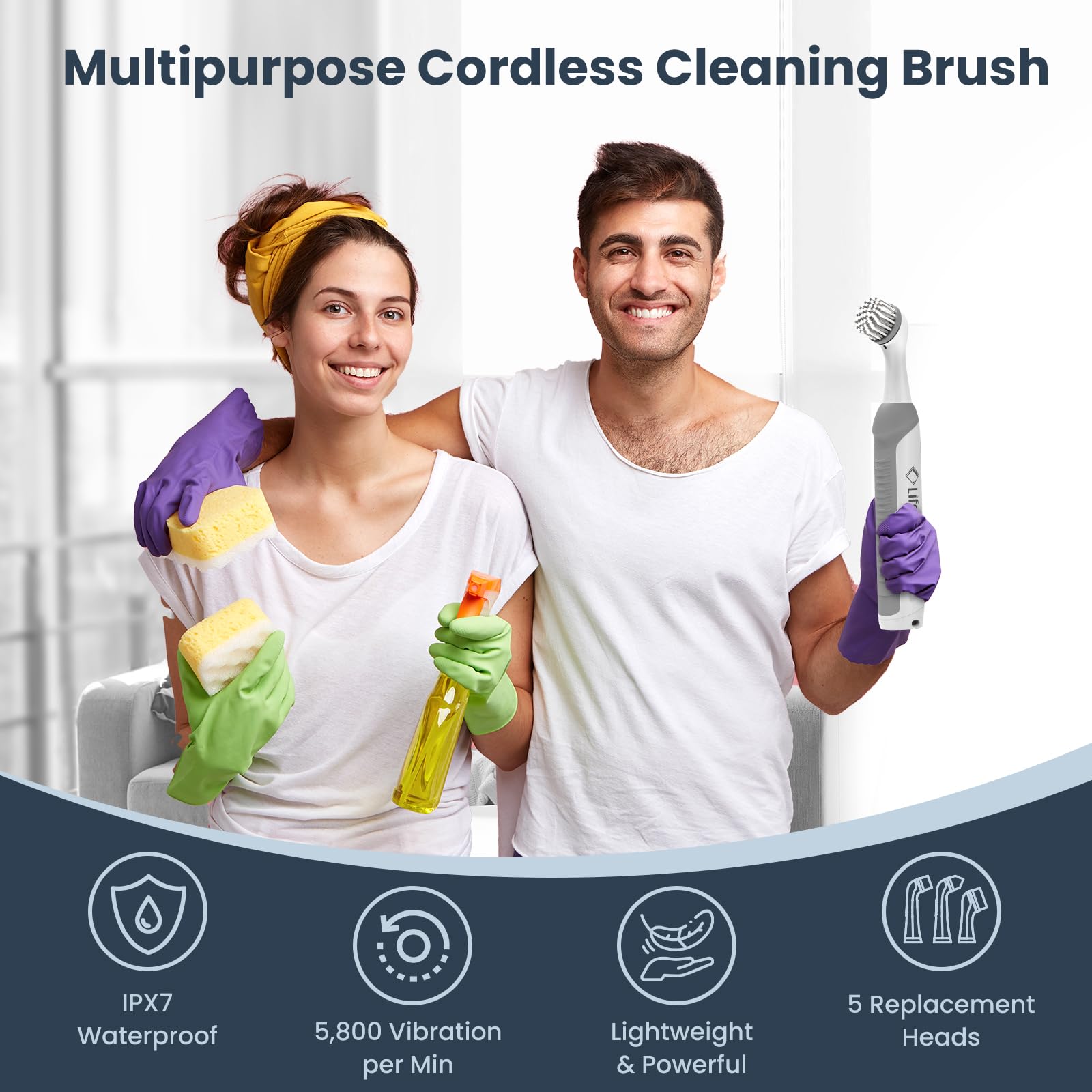 LifeBasis soft bristle brush head protects delicate surfaces while scrubbing.