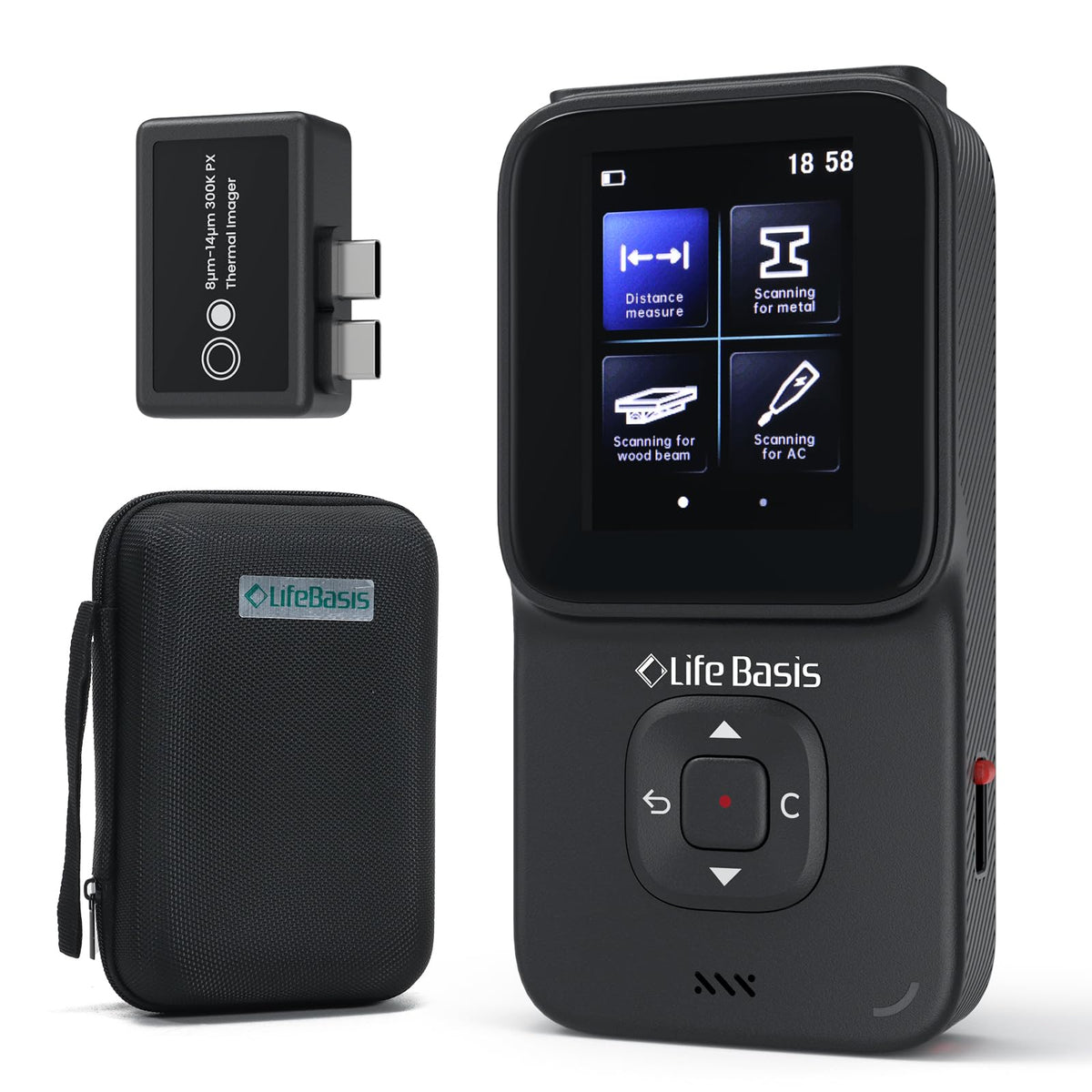 LifeBasis stud finder front view shows compact design for wall scanning
