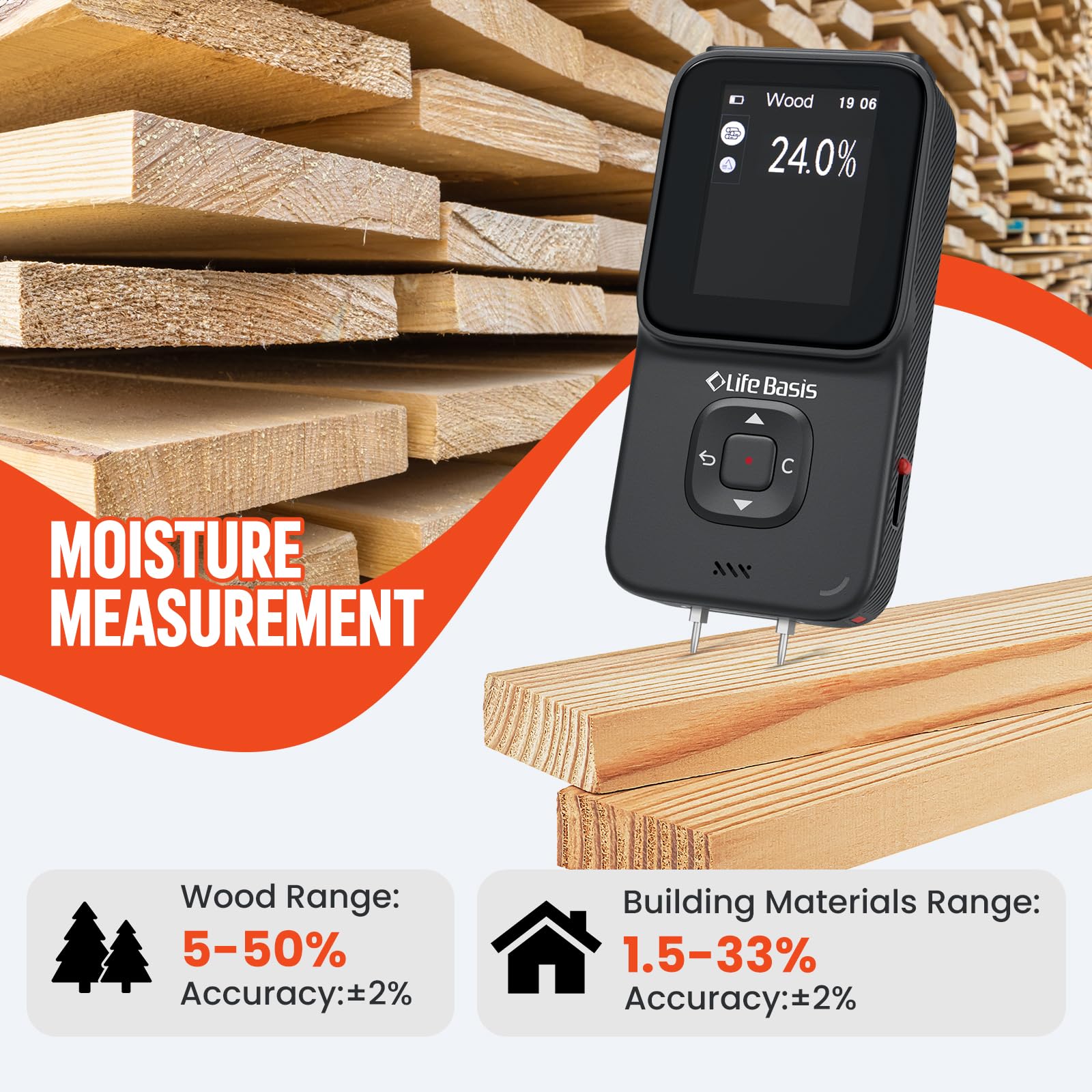 LifeBasis moisture-scan checks wood moisture before staining or sealing