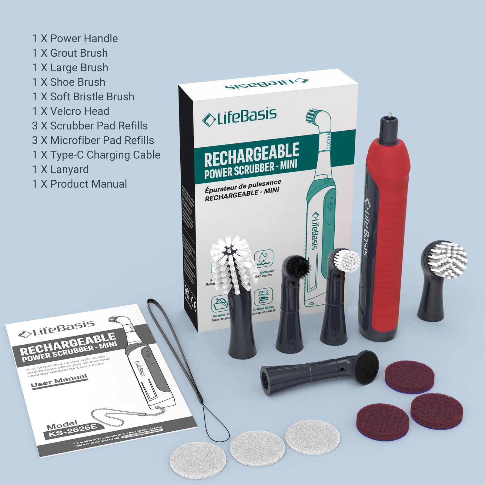 LifeBasis Type-C charging cable keeps the power scrubber ready.