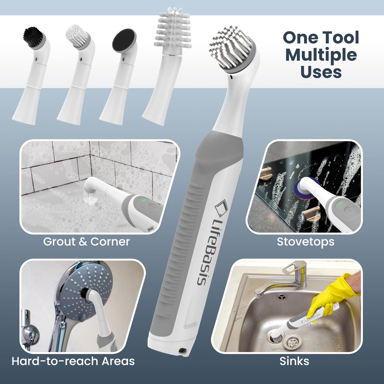 LifeBasis Velcro head allows quick brush changes between tasks.