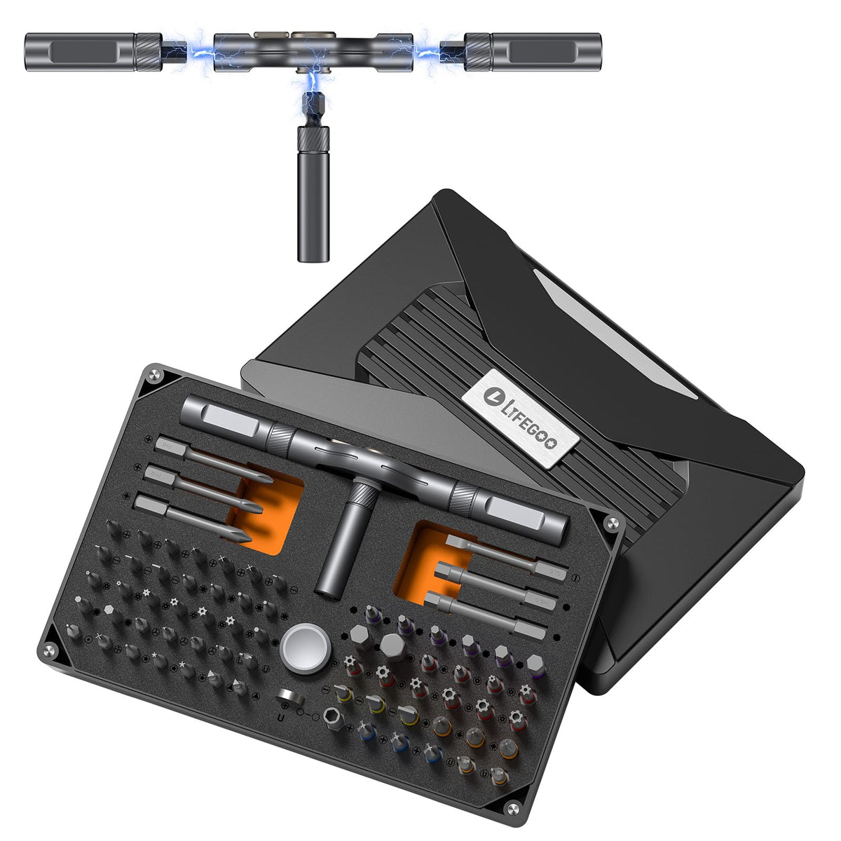 LIFEGOO 74-in-1 magnetic screwdriver set with aluminum T-handle for tight electronics work.
