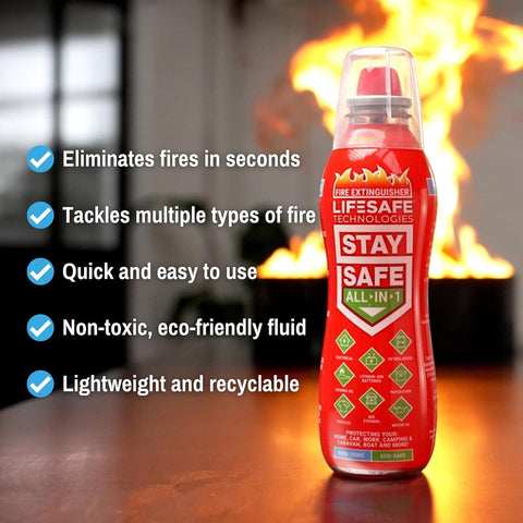 LifeSafe StaySafe spray action demonstrates quick deployment for various fire scenarios.