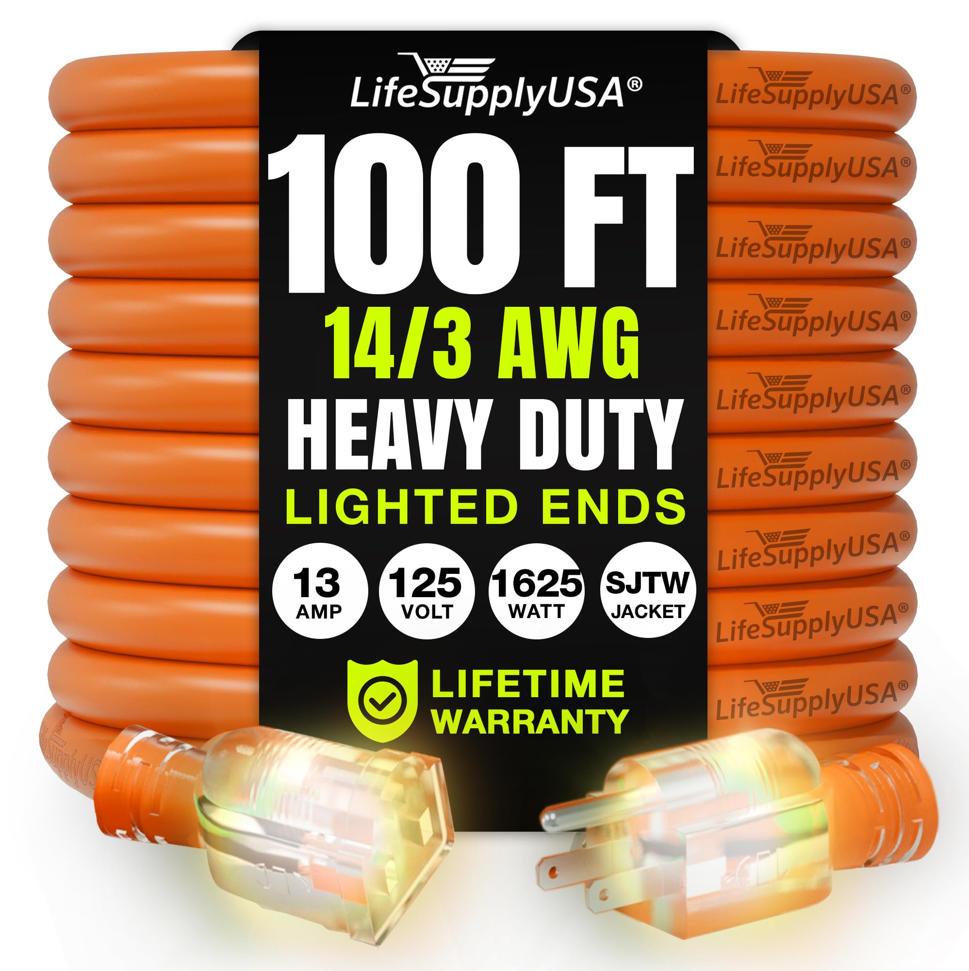 LifeSupplyUSA 100ft orange extension cord for outdoor and indoor use.