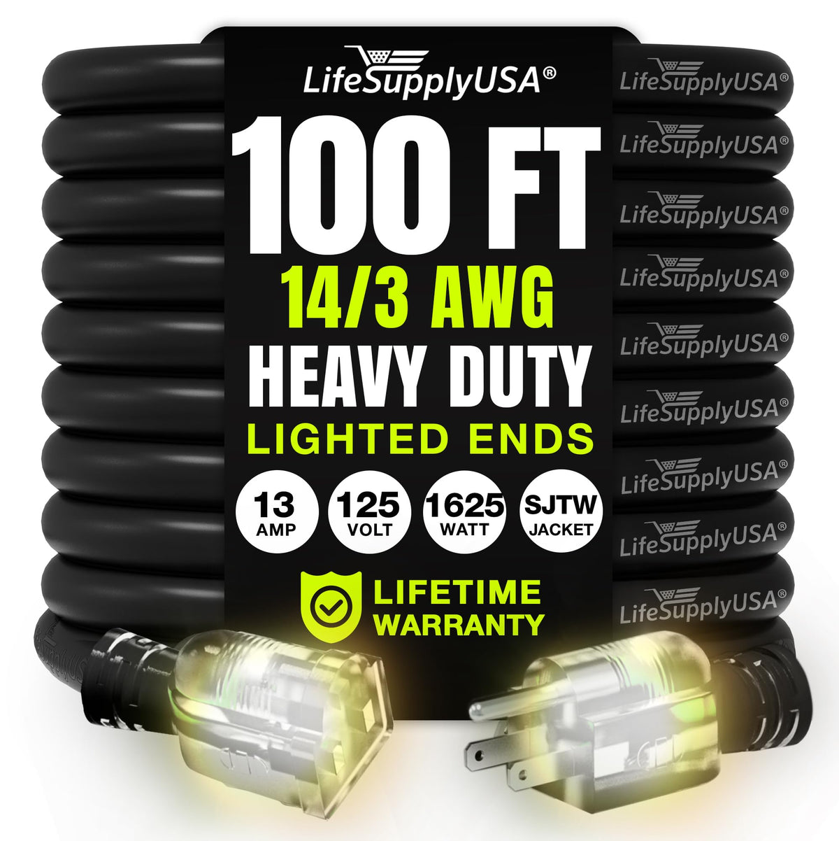 LifeSupplyUSA 100ft extension cord for outdoor and indoor use, reliable power for large projects.