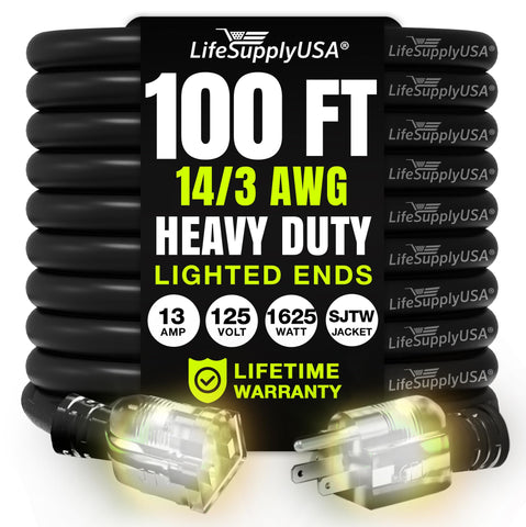 LifeSupplyUSA 100ft extension cord for outdoor and indoor use, reliable power for large projects.