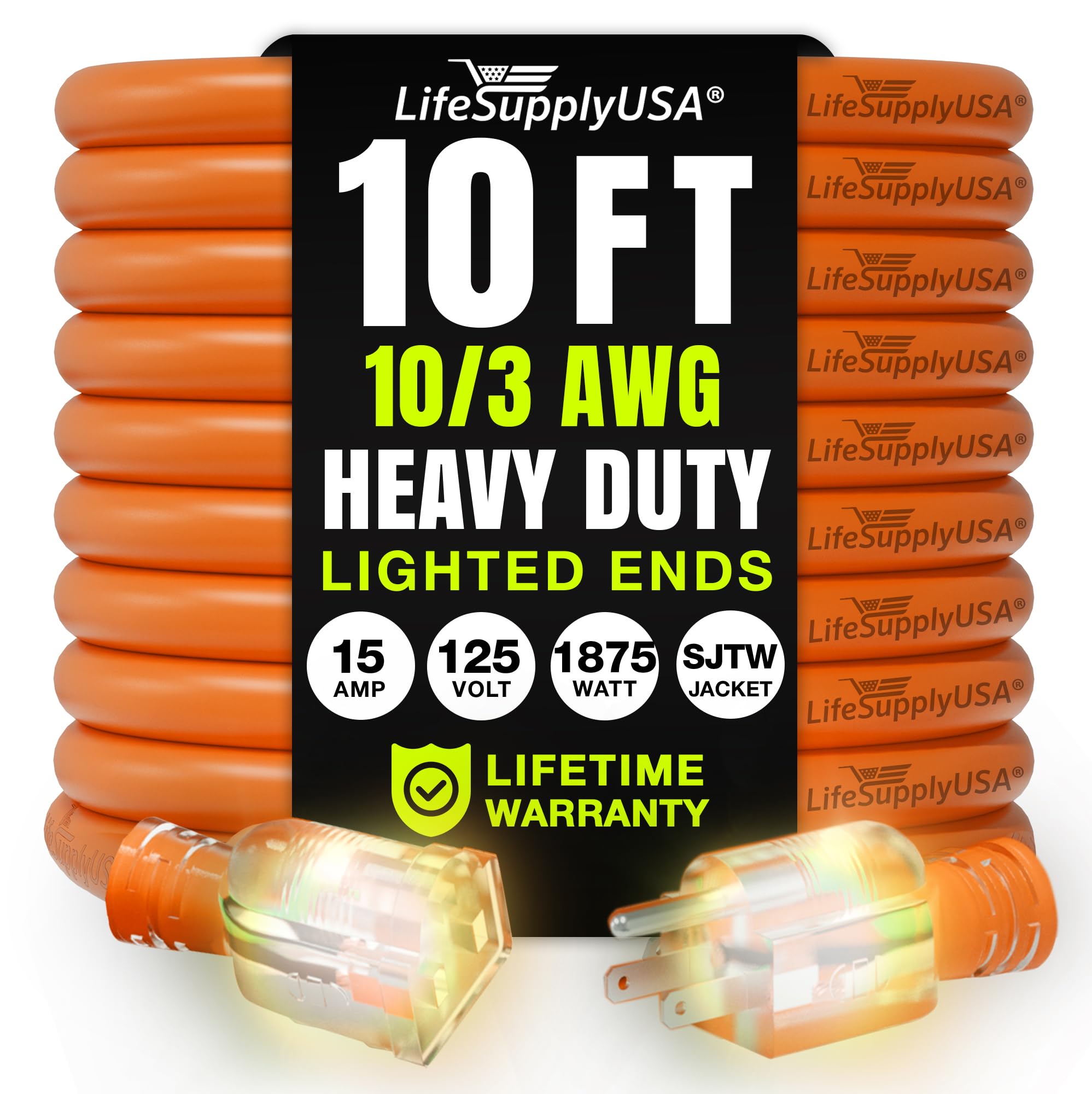LifeSupplyUSA 10ft extension cord for outdoor and indoor use, durable and versatile.