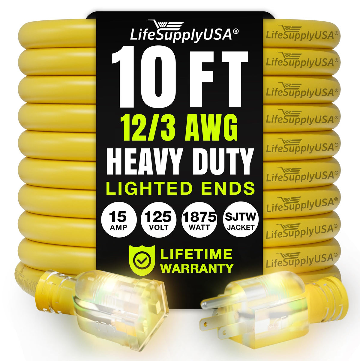 LifeSupplyUSA 10ft extension cord in bright yellow for easy visibility and quick setup.