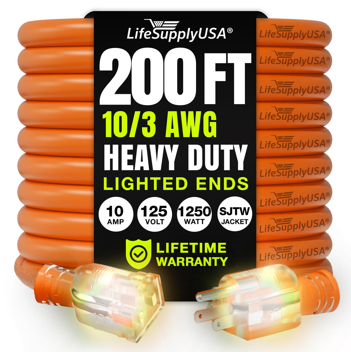 LifeSupplyUSA 200ft extension cord for outdoor and indoor use with power tools