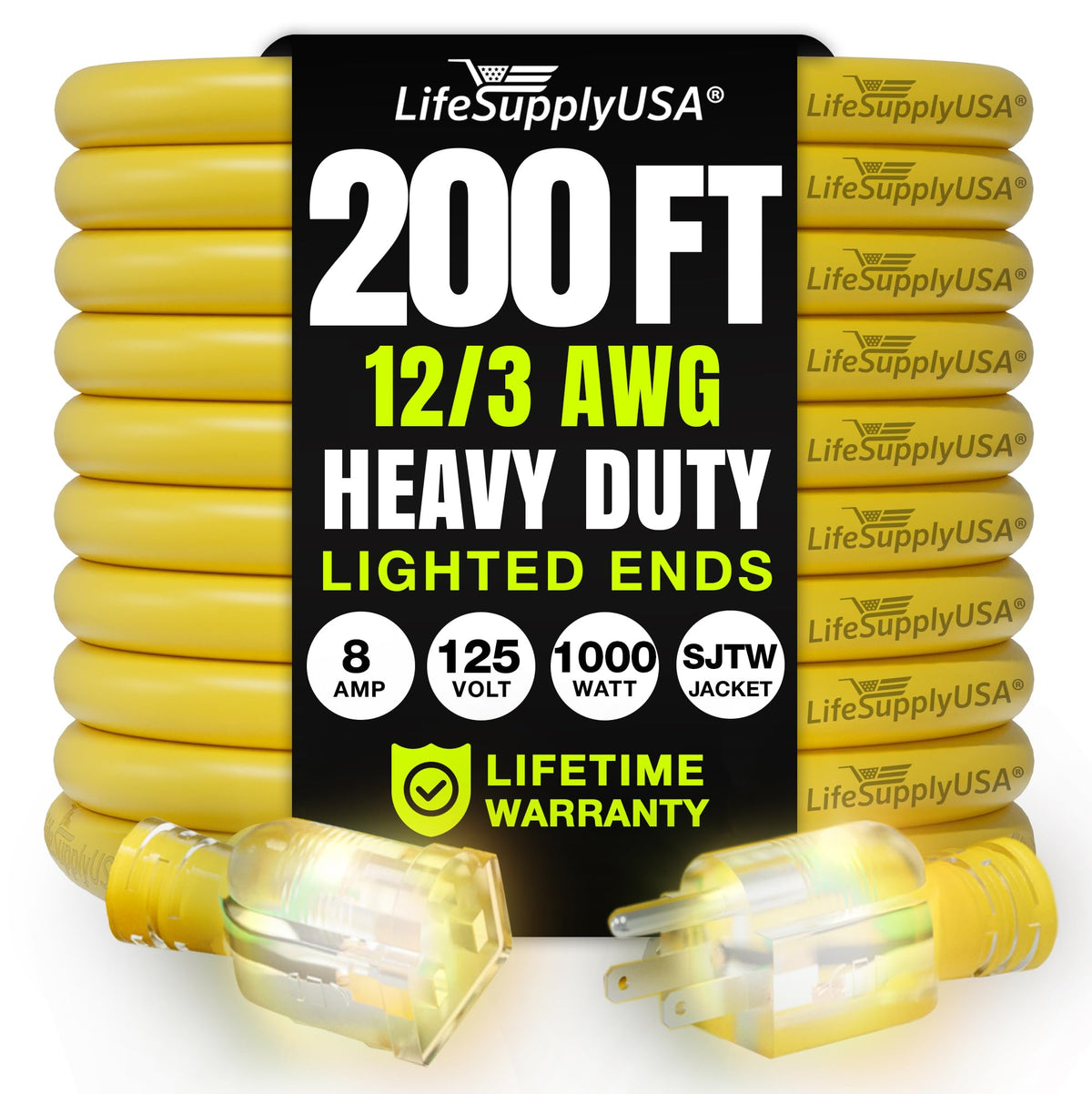 LifeSupplyUSA 200ft extension cord outdoors shows rugged durability for outdoor tasks.