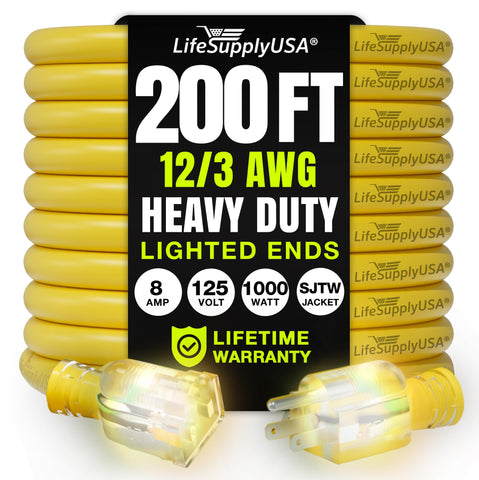 LifeSupplyUSA 200ft extension cord outdoors shows rugged durability for outdoor tasks.