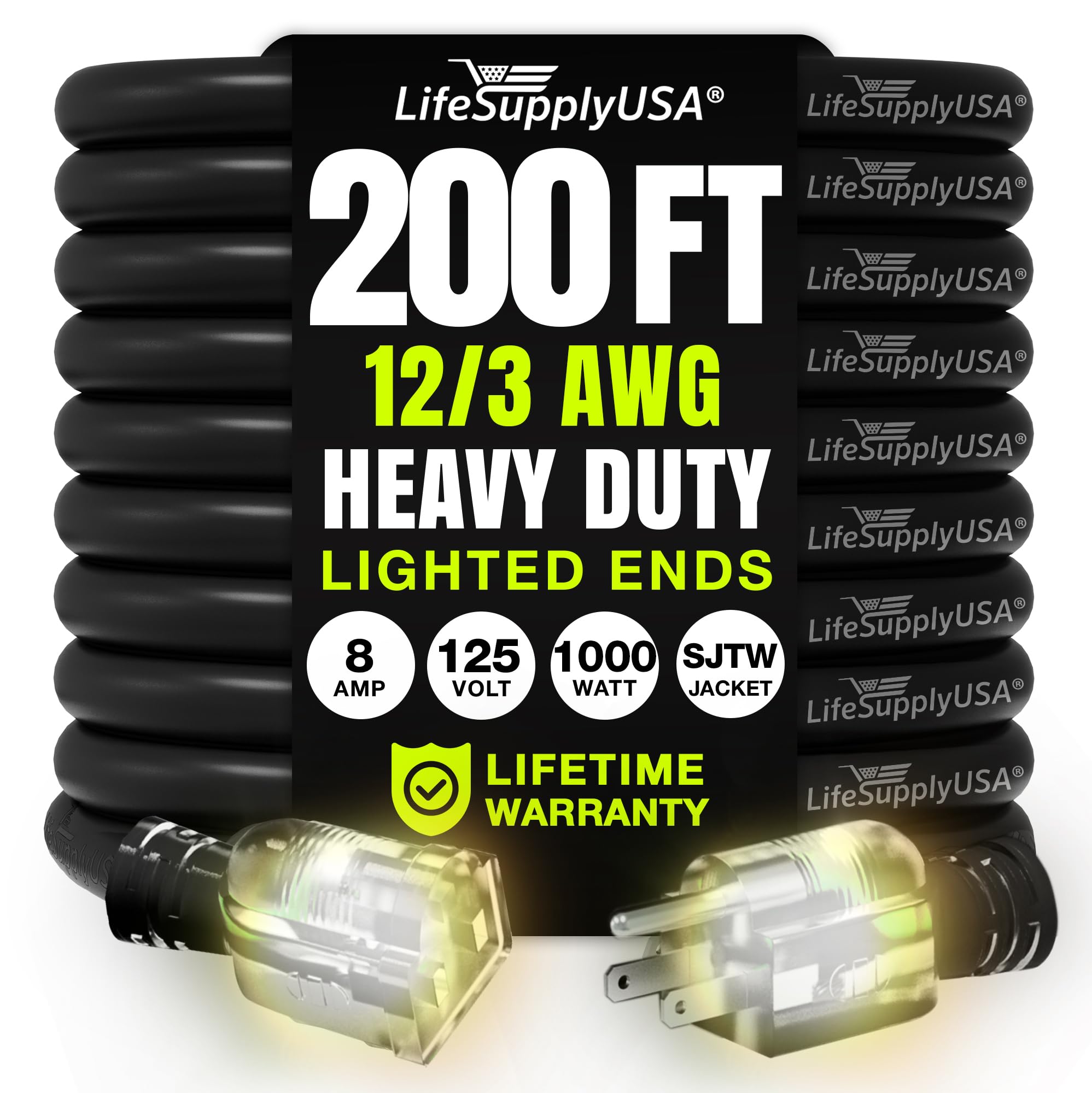 LifeSupplyUSA 200ft extension cord ready for long outdoor runs.