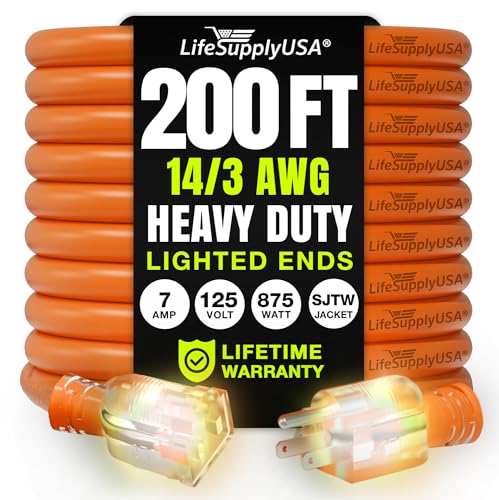 LifeSupplyUSA 200ft orange extension cord for outdoor and indoor use with long reach.