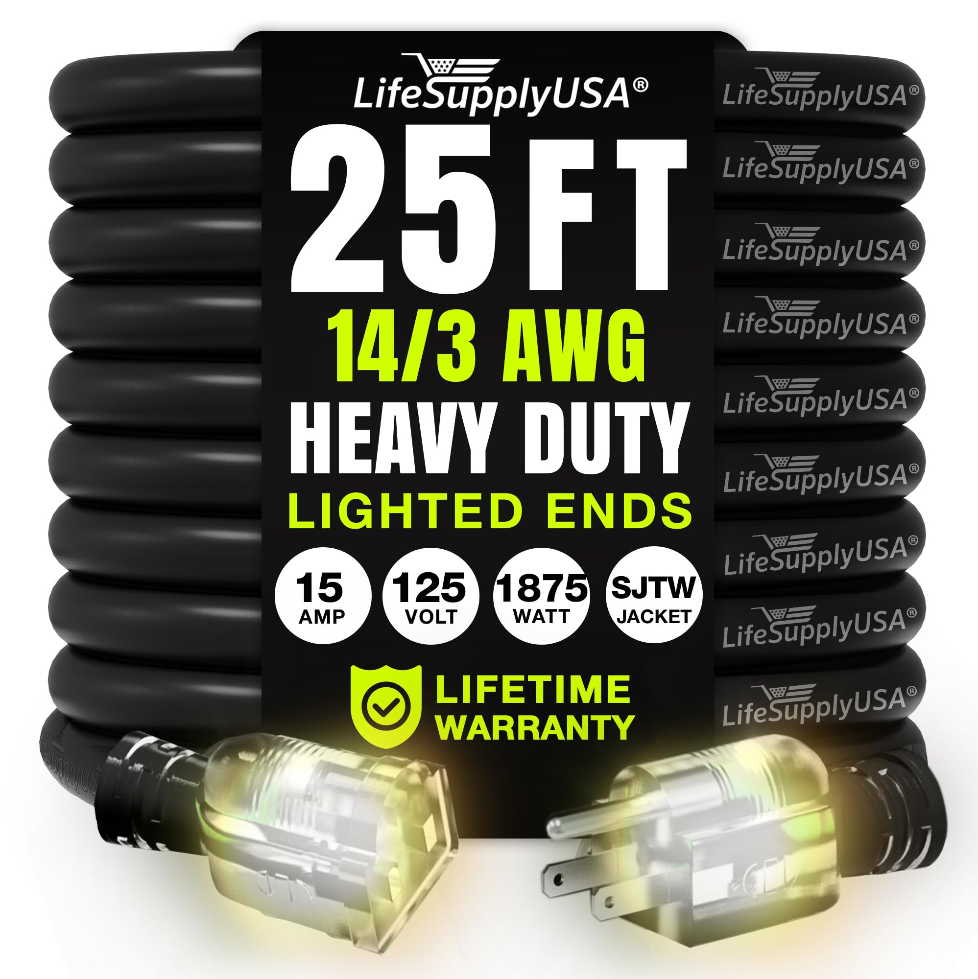 LifeSupplyUSA 25ft extension cord outdoor-indoor with versatile reach for tools and lights