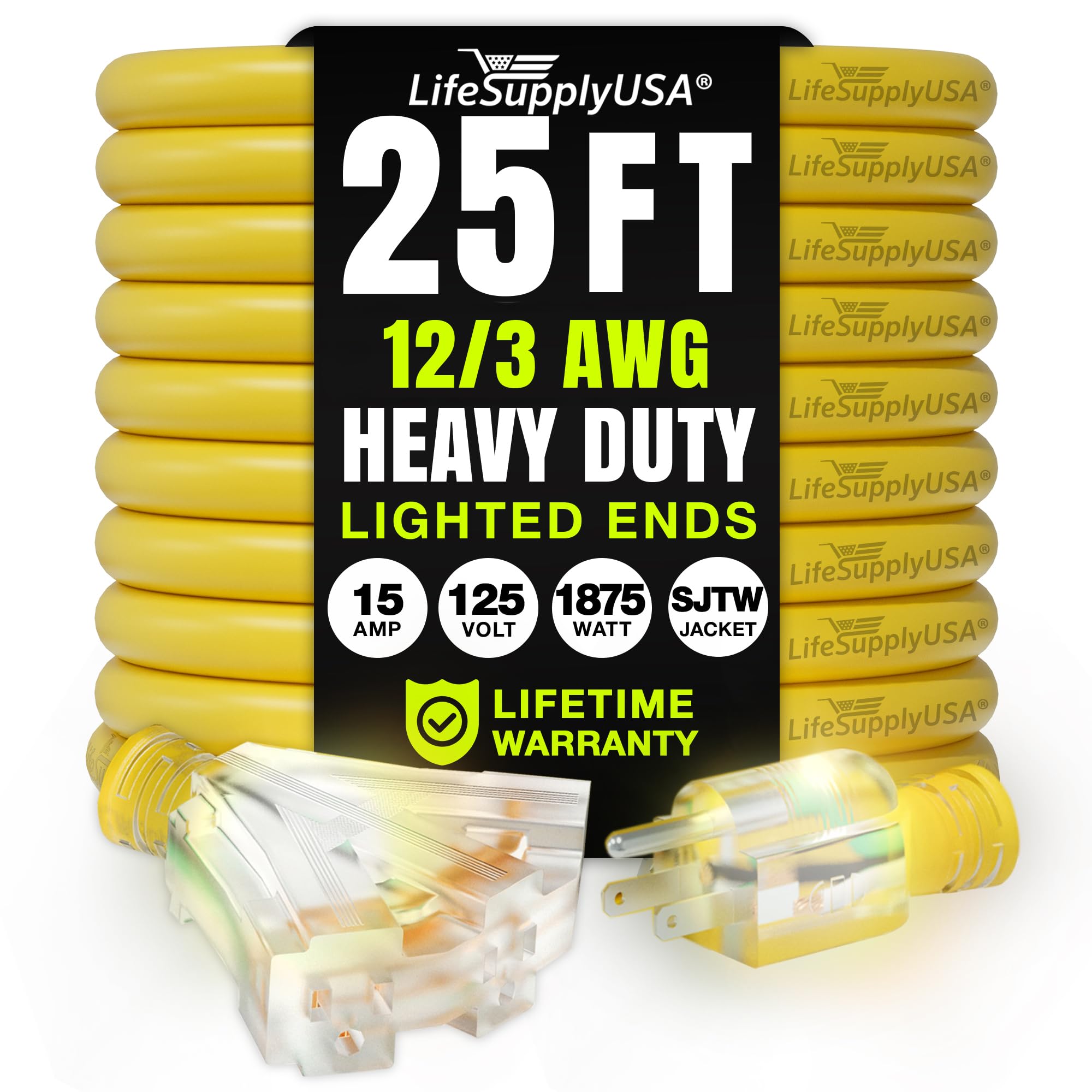 LifeSupplyUSA 25ft outdoor extension cord shows rugged waterproof design for lasting power.