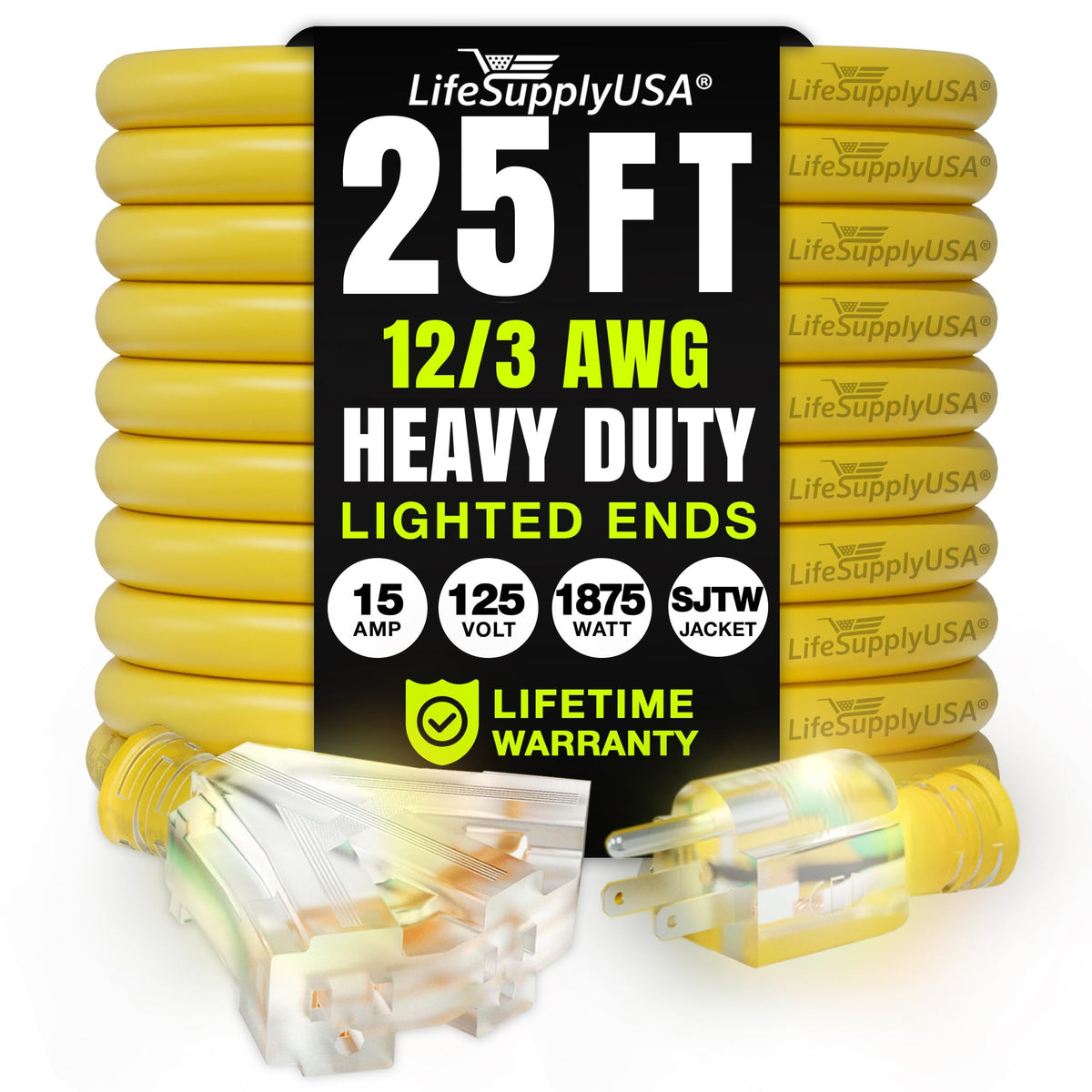 LifeSupplyUSA 25ft outdoor extension cord shows rugged waterproof design for lasting power.