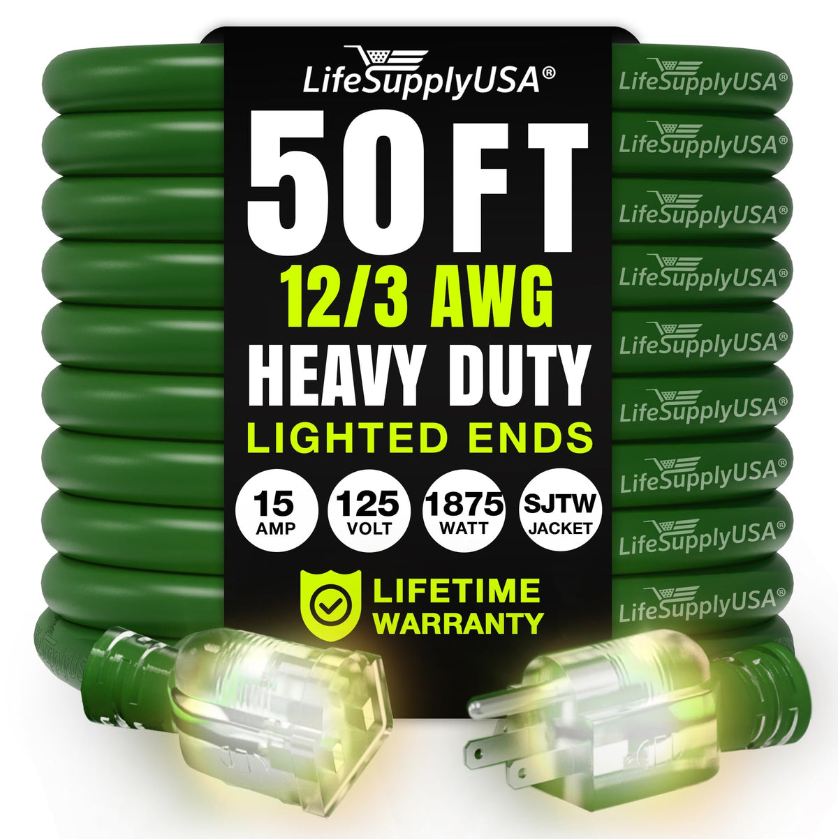 LifeSupplyUSA 50ft extension cord in green ready for outdoor use and long reach