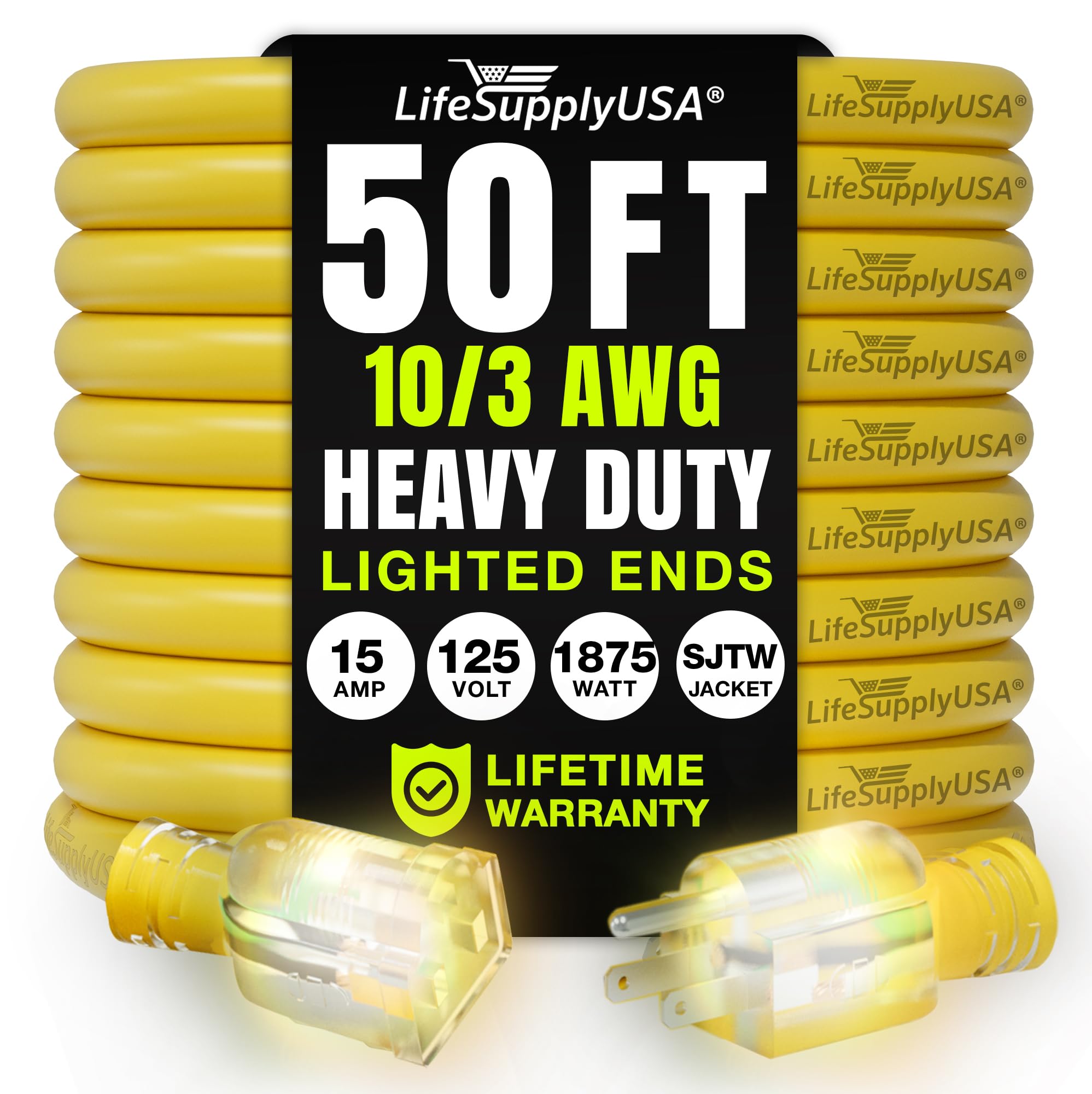LifeSupplyUSA 50ft extension cord for indoor/outdoor use with bright yellow visibility.