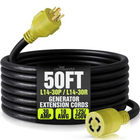 LifeSupplyUSA 50ft extension cord in use for outdoor generator power.