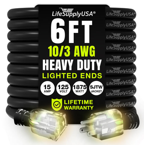 LifeSupplyUSA 6ft extension cord SJTW with 10-3 gauge for indoor and outdoor use