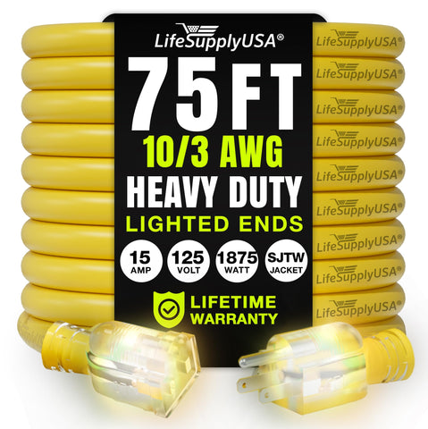 LifeSupplyUSA 75ft extension cord coiled view for outdoor use.