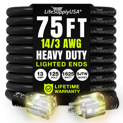 LifeSupplyUSA 75ft extension cord outdoors in use for rugged tasks.