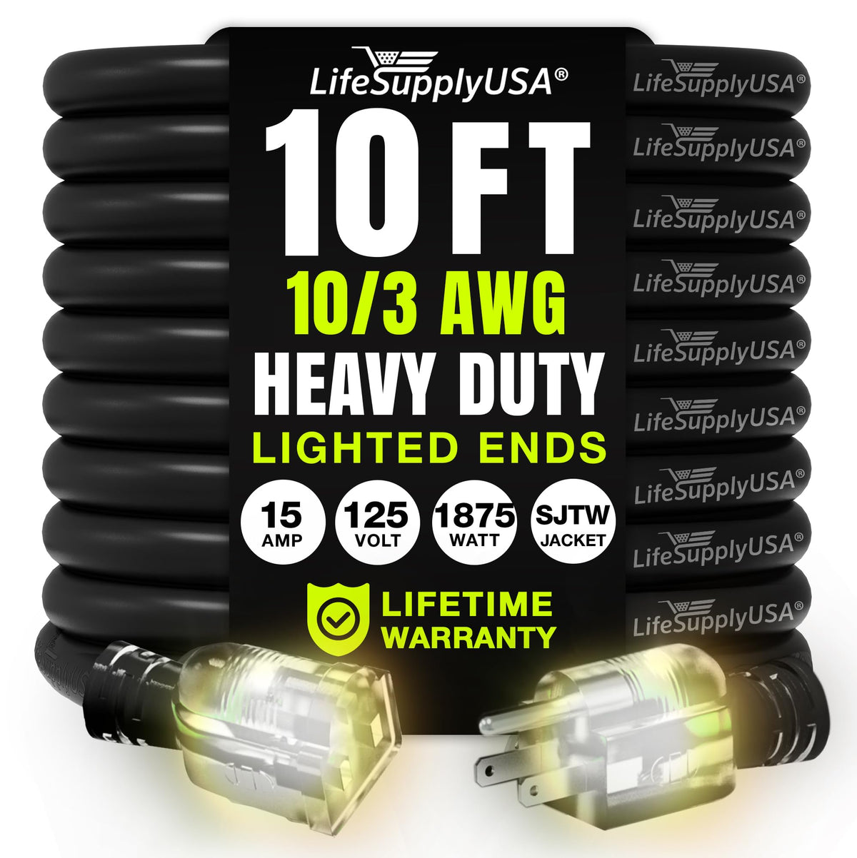 LifeSupplyUSA extension cord 10ft outdoor indoor demonstrates rugged reliability for power in any setting.