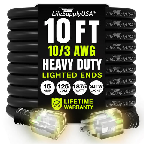 LifeSupplyUSA extension cord 10ft outdoor indoor demonstrates rugged reliability for power in any setting.