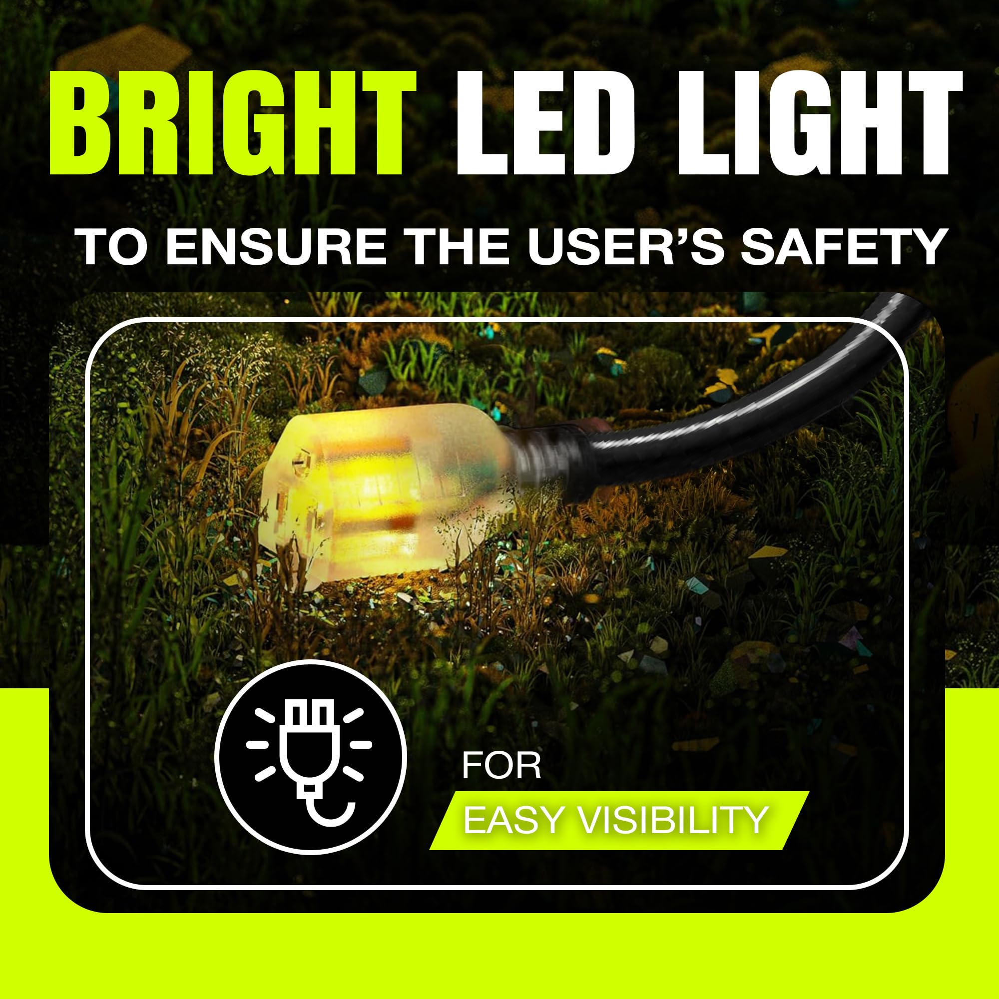 LifeSupplyUSA 3-prong SJTW cord with lighted end enhances visibility and safety during use.