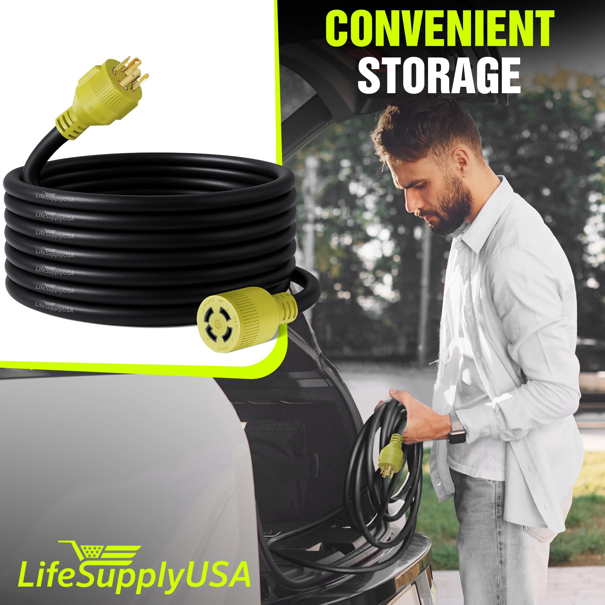 LifeSupplyUSA generator setup demonstrating 50ft reach for tools and appliances.