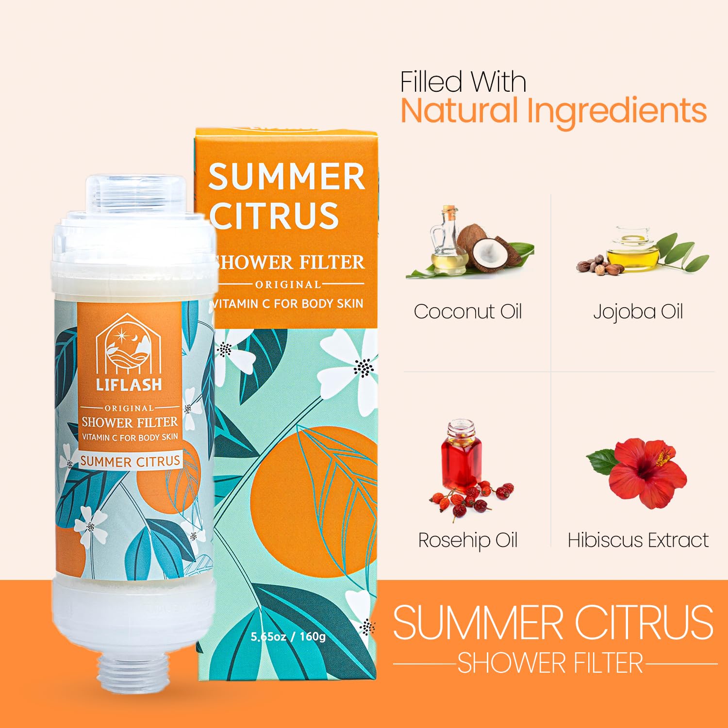 LIFLASH Summer Citrus natural ingredients shot showcases hydrating skin care blend.