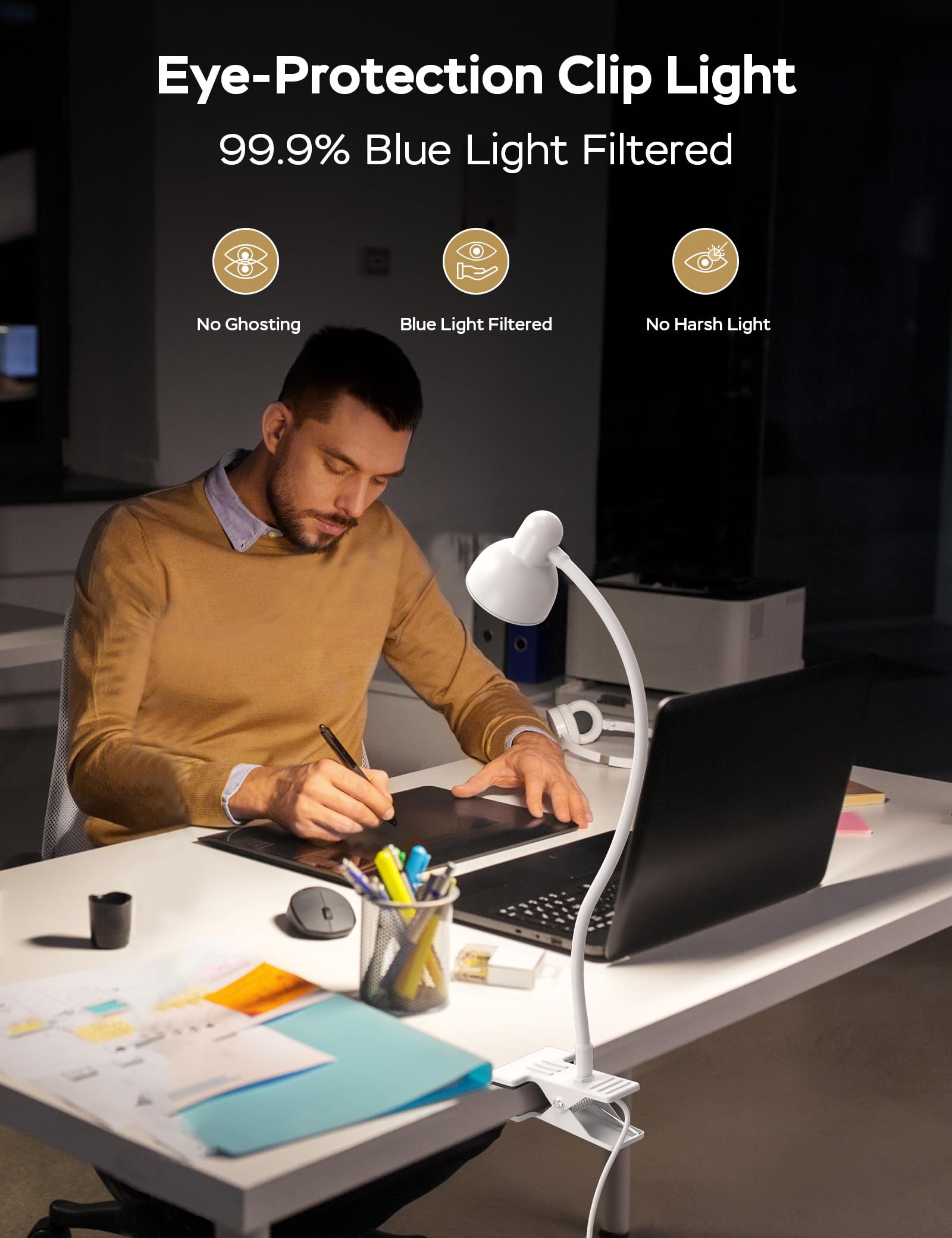 LiFMIRA clip lamp features 360-degree gooseneck for flexible positioning