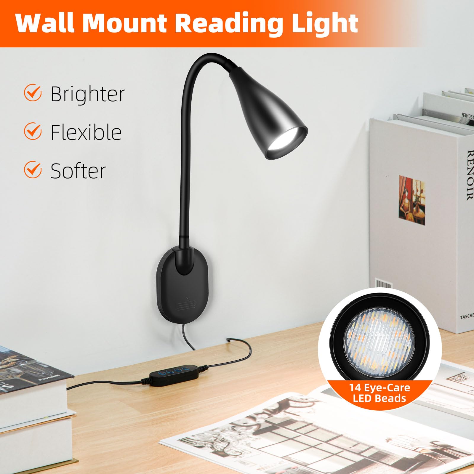 LiFMIRA bedside light with five color temperatures for warm to bright tasks.